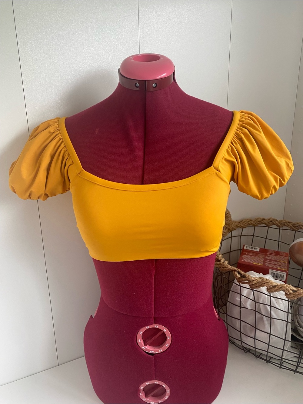 knix Puff-Sleeve Square-Neck Bikini Swim Crop Top in Mustard Yellow